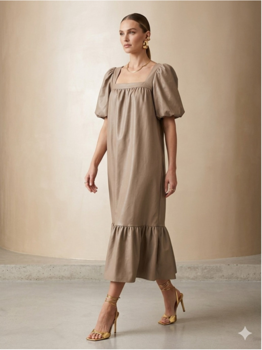 ASOS DESIGN Vegan Leather Puff Sleeve Smock Midi Dress Taupe Beige Size 10
